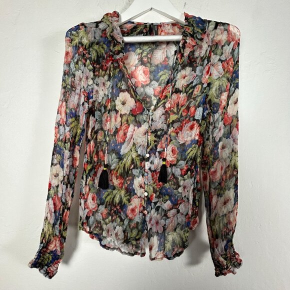 By Anthropologie Womens Floral Print Ruffle Collar Peasant Blouse Medium Multi - Picture 1 of 8